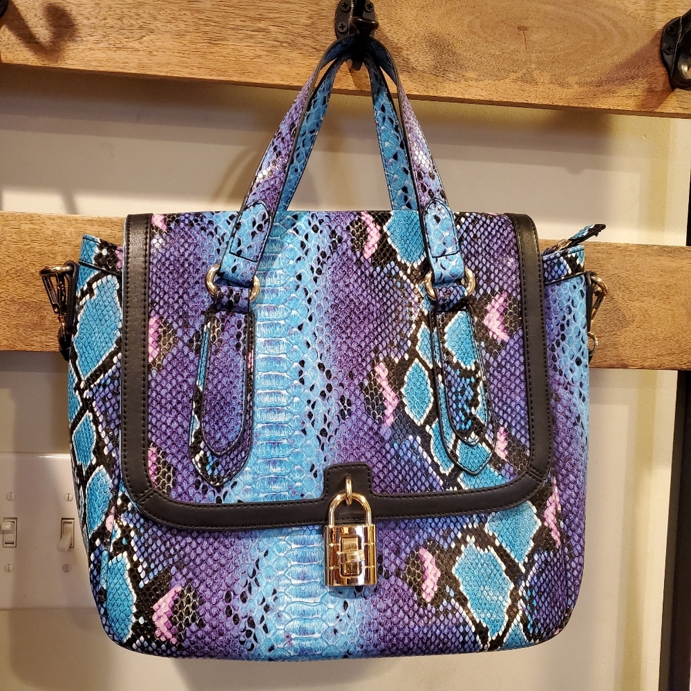 Multicolor Snake Print Satchel with Gold Hardware
